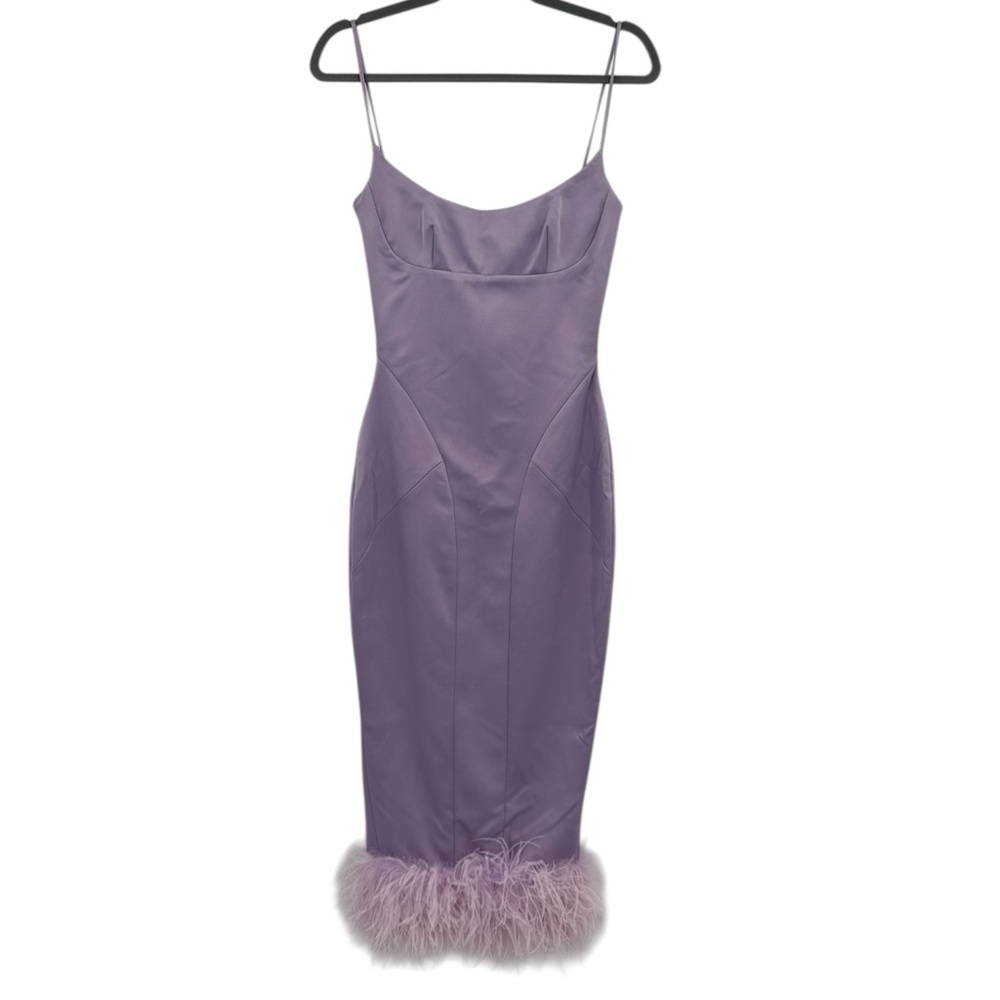 House of CB Lilac Satin Midi Dress with Feather Trim